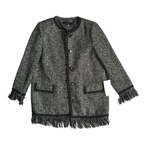 Zara Jackets & Blazers - Zara Black Tweed Coat Jacket Womens S Fringe Silver/Gold Metallic
